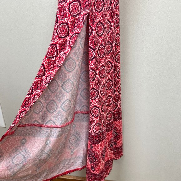 Lucky Brand Maxi Dress Small Red Geometric Boho V-Neck Side Slit Sleeveless - Picture 4 of 12